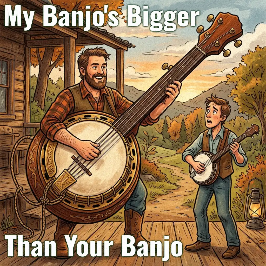 two people playing banjo's, one is very big, the other is very small. Text says My Banjo's Bigger Than You're Banjo